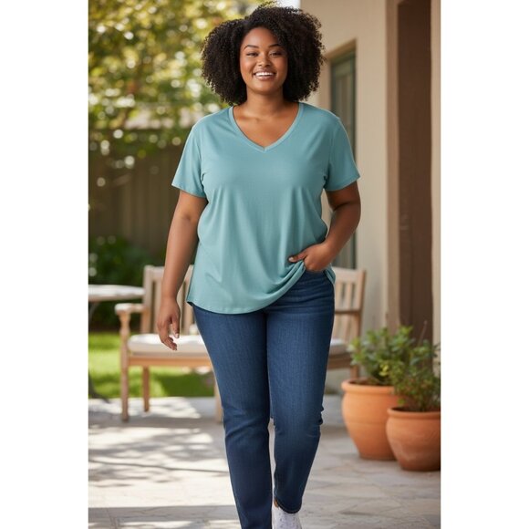 Ava & Viv Womens V-Neck Short Sleeve Light Teal Cotton T-Shirt Plus Size 2X - Picture 2 of 8